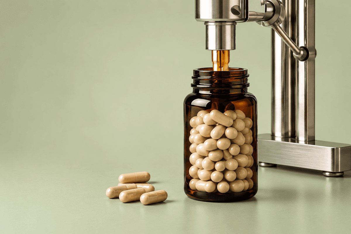 Amber bottle being filled with capsules under lab equipment