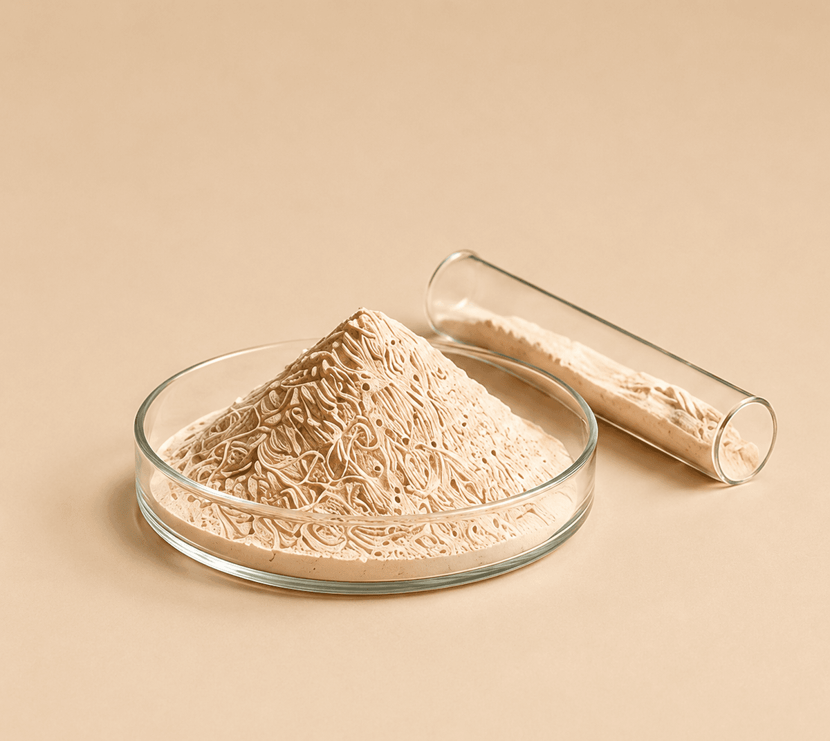 Botanical extract powder in a petri dish and glass vial