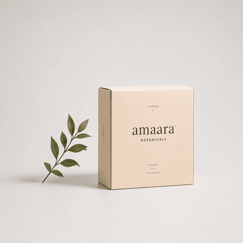 An Amaara Botanicals branded product box beside a leaf sprig