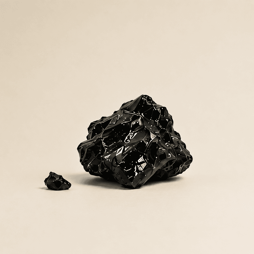 A large piece of raw shilajit resin beside a smaller fragment